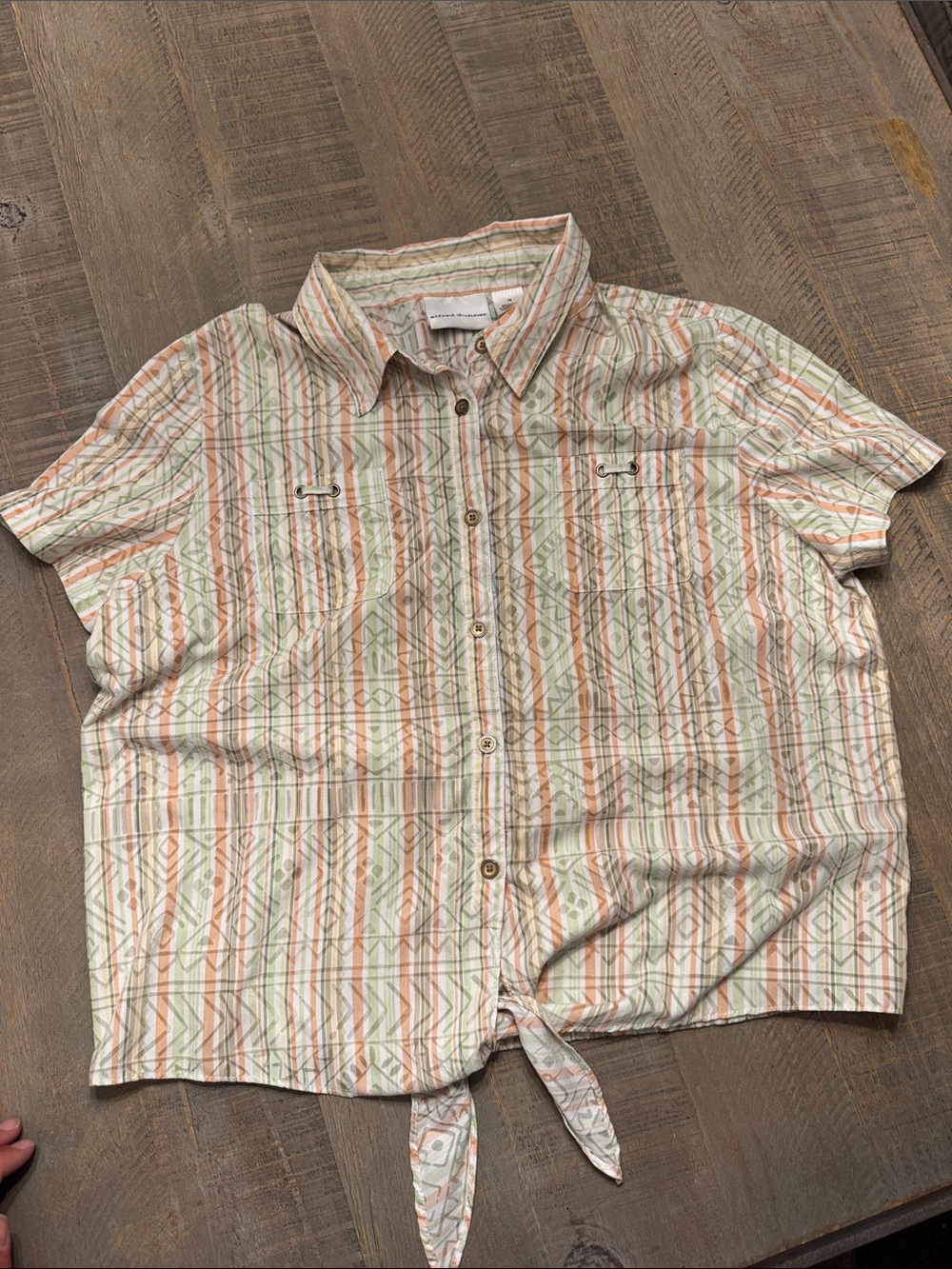 Alfred Dunner Pastel Striped Tie-Front Button Down Shirt - Green, Peach, Cream